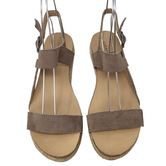 Lucky Brand Gadine Espadrille Sandals Suede Tan Leather Size 9.5 Boho Buckle - Picture 3 of 8